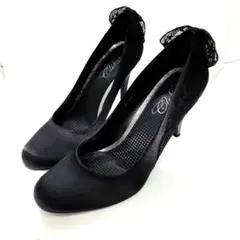 パンプス 黒 24.5cm バックリボン レースパンプス ハイヒール 結婚式