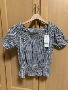 黒白ギンガムシャーリング チェック トップスエムズ 未使用