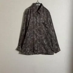 長袖シャツ　ポリシャツ　ヴィンテージ　総柄　ブルー　ブラウン　イエロー　古着