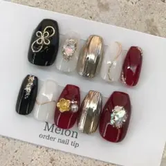 【24時間以内発送】　現品サイズ　ネイルチップ　成人式　前撮り　振袖　赤　黒