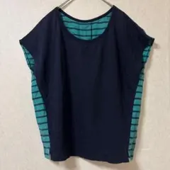 リエス　ネイビー　グリーン ボーダー　切替 半袖　Tシャツ　トップス　シルクのサムネイル