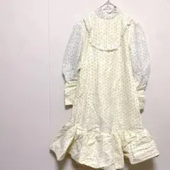 花柄 フリル ティアードワンピース パフスリーブ イエロー系 L相当