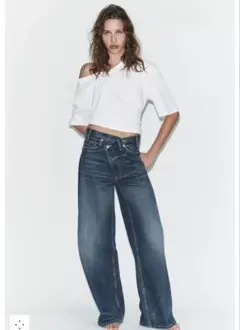“ZARA”TRFハイウエスト　クロスウエスト　ワイドレッグデニムパンツ