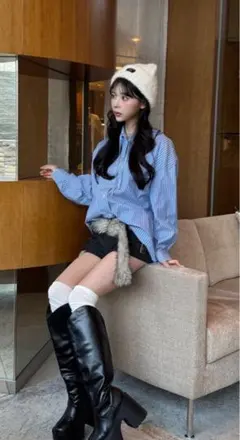 GRLフード付きストライプ柄シャツFREE size