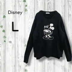 ディズニー　Disney　セーター　ミッキーマウス　ケーブル編　クルーネック　黒