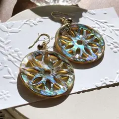一点物✧透かし彫りアバロンシェル×あこや真珠ピアス✧14kgf