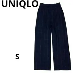 UNIQLO タックワイドパンツ（チェック・丈標準）ネイビーS