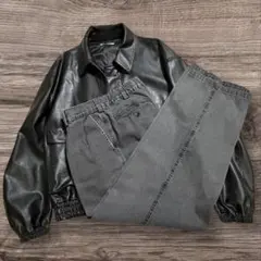 春服2点セット★合皮ブルゾン★ワイドデニムスラックス