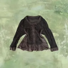 森ガール/ダークブラウン フリル付きシースルー長袖シャツ