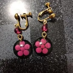 ピンク花模様 クリップ式イヤリング