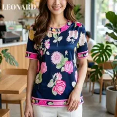 a205【極美品】LEONARD レオナール 花柄 ワンピースリボン 水色 LL
