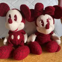 ミッキーマウス　ミニーマウス　ペアぬいぐるみ　赤チェック　レア