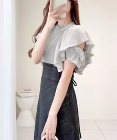 mily bilet ダブルフリル袖チェックレースドッキングワンピース