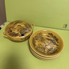 スープポットとお皿5枚のセット アンティーク レトロ 風景画 飴色