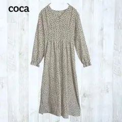 コカ 長袖ロングワンピース M ベージュ アイボリー Ｖネック 変形ドット 上品