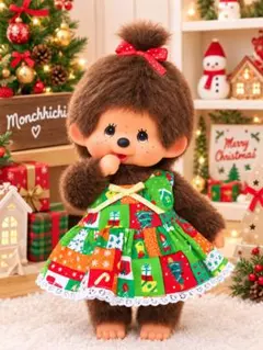 モンチッチMサイズ着せ替え服 クリスマス柄ワンピース ハンドメイド