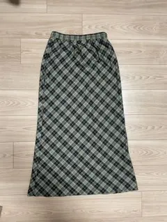 KBF グリーン系チェック柄ロングフレアスカート