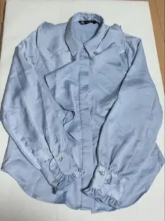 ZARA フリル 付き サテンブラウス ブルー Sサイズ