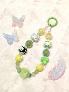 [ハンドメイド]緑系ビーズストラップ #031