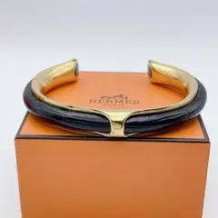 ☆HERMES☆ エルメス 金具なし レザー ワイド カフブレスレット 茶 