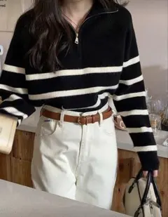 女性用カジュアル ストライプ柄 ニット セーター 秋冬ロング袖トップス