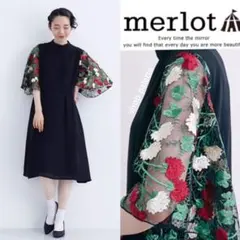 merlot plus 花刺繍レース袖 ドレス ワンピース　ブラック