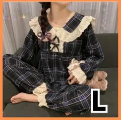 【新品未使用】パジャマ ネイビー チェック柄 ルームウェア フリル L 部屋着
