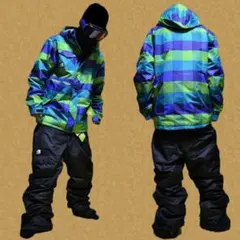 ■WH■スノーボード ウェア上下セットアップ■緑青チェック /黒■Mサイズ