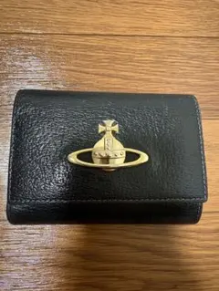 レザー 3つ折財布 黒 ゴールド装飾