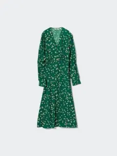 花柄緑色Vネック長袖マキシワンピース