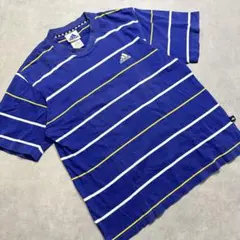 i1037 adidas ボーダーTシャツ 半袖 ロゴ刺繍　定番　L ブルー