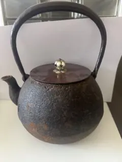 大正15年/特注品名門 龍文堂造 古鉄瓶 唐銅蓋 在銘 骨董 煎茶道具（箱