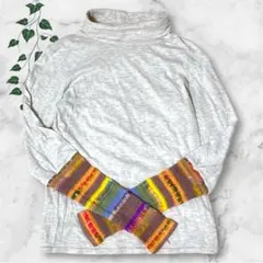 C・L・N【M】袖マルチボーダー タートルネック カットソー ナチュラル杢グレー