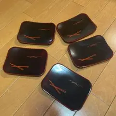【未使用】5枚セット　漆器 菓子皿 銘々皿 黒 赤 和菓子 茶道具　松葉