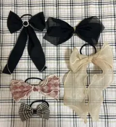 【ヘアゴム5個セット】リボン ブラック ベージュ ピンク 韓国 綺麗め 千鳥柄
