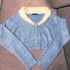 shein ファーニットカーディガン　ブルー