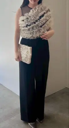 LADYチュールオフショルパンツドレス　パーティードレス　ブラック