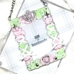 W497 ホイップデコ　トレカケース　黄緑　ピンク　編み上げリボン