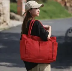 トートバッグ 赤 A4 キャンバス 帆布 大容量 ポケット 多機能 レディース