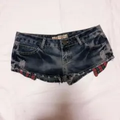 平成ギャルY2K デニムショートパンツ ダークブルー チェック裏地