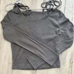 リボン付きグレーリブ編み長袖トップス