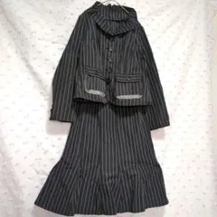 ストライプ ジャケットとフレアースカート セット 黒 11号 美品 ポリエステル