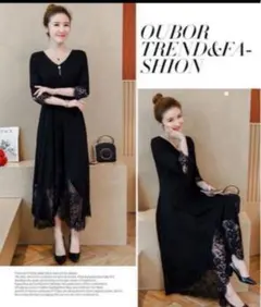 ラスト①ワンピース　ドレス　レース　結婚式　お呼ばれ　パーティー　黒 Lサイズ@