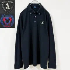 2XL　ディズニー　ミッキーマウスの両面ワンポイントロゴ刺繍の長袖ポロシャツ　黒のサムネイル