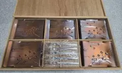 【未使用】山形屋 銘々皿 5客セット 銅仕上 白梅 菓子皿 フォーク付 木箱入
