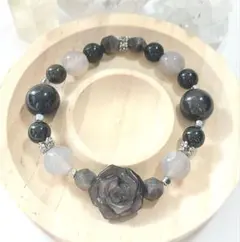 シルバーオブシディアン 瑪瑙 天然石 バラの彫り物パーツ ブレスレット