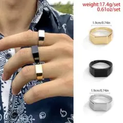 3点セット ゴールド シルバー ブラック メンズ リング #C621-B