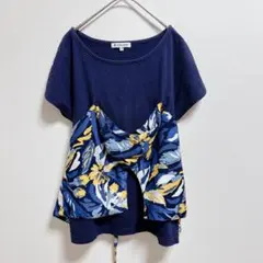 グローバルワーク半袖カットソー ネイビー 花柄レイヤード M