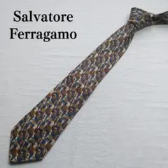 サルヴァトーレフェラガモ ネクタイ 茶×青 総柄 犬 アニマル柄【n5889】