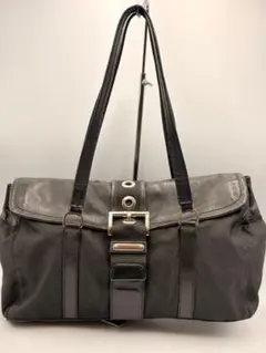 PRADAナイロン レザー 横長ショルダーバッグ ベルトバックル 黒シルバー金具